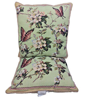 Set of 2 VTG Tapestry Throw Pillows Butterflies Blossoms 18 X 18" Square MCM